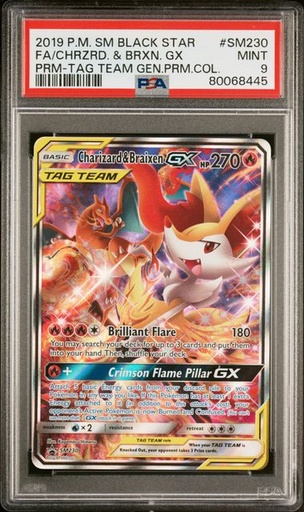 2019 POKEMON SM BLACK STAR PROMO #SM230 FA/CHRZRD. & BRXN. GX PRM-TAG TEAM GEN.PRM.COL. PSA9